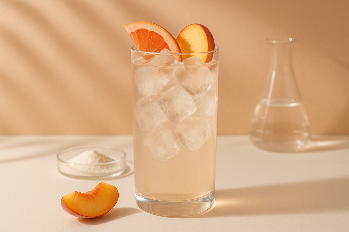 Klarer erfrischender Kollagendrink mit Eis und frischen Früchten