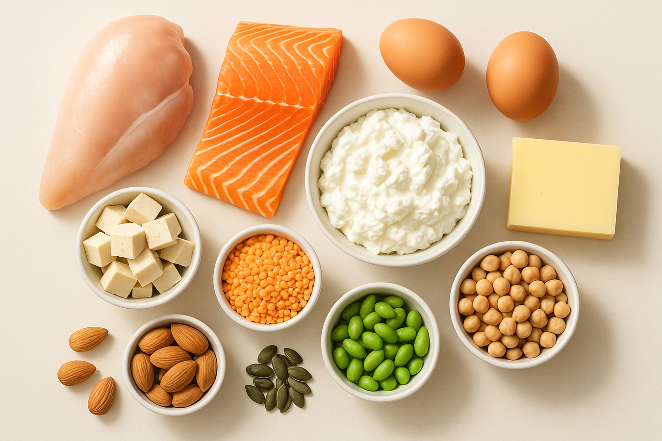 Proteinreiche Lebensmittel tierisch und pflanzlich