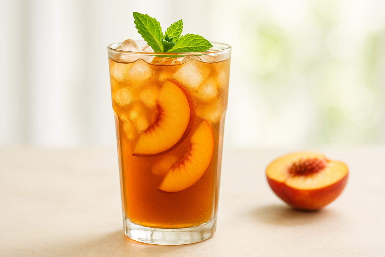 Selbstgemachter Protein-Eistee Pfirsich im Glas mit Eis