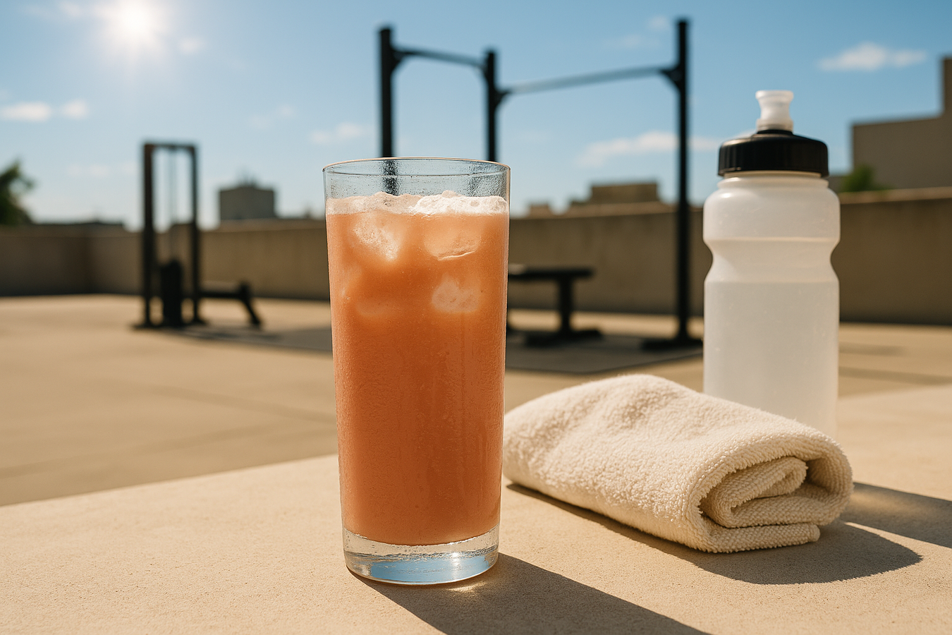 Klarer erfrischender Protein-Drink mit Eis neben Handtuch und Wasserflasche bei Sommerhitze
