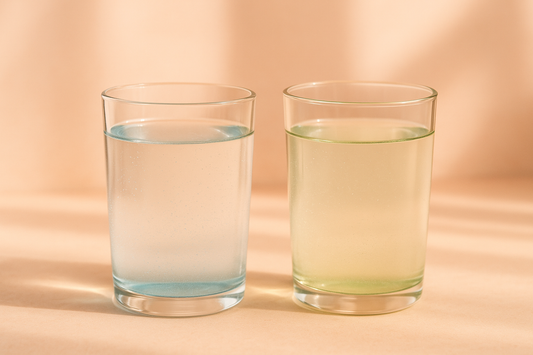 Klarer Fruchtdrink umgeben von pflanzlichen Zutaten, Zitrusfrüchten und Grün