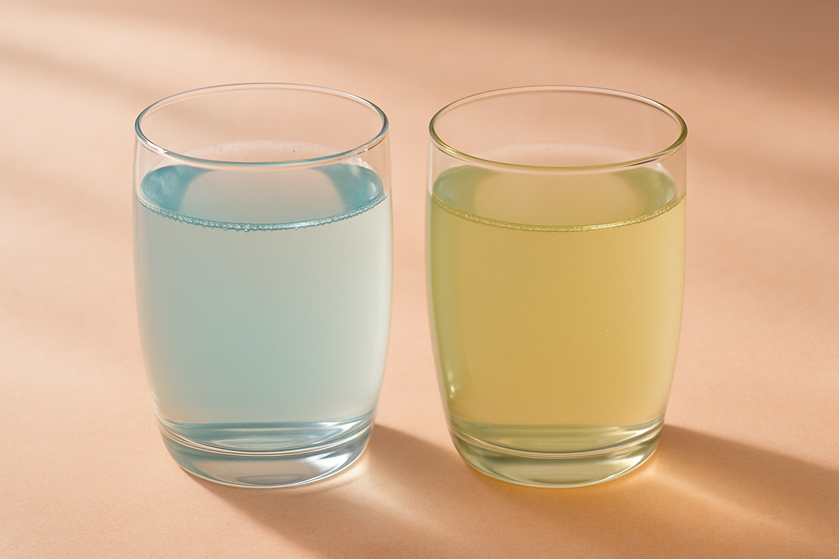 Zwei klare Kollagendrinks im Vergleich, marine-blau und wiesengrün akzentuiert