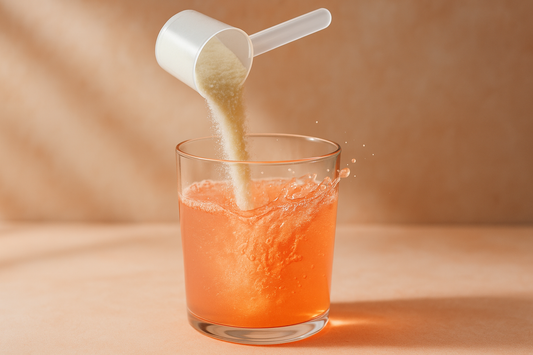 Kollagenpulver wird in ein Glas Wasser zu einem klaren Fruchtdrink eingerührt