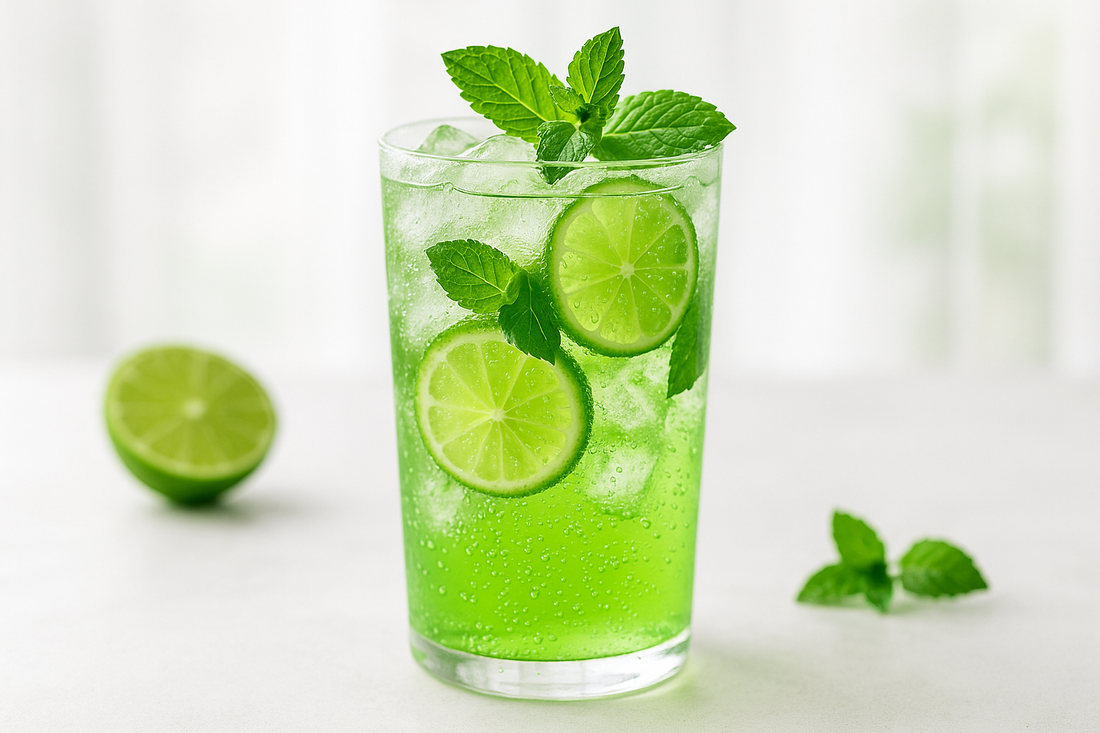 Spritzige Protein-Limonade mit Limette und Minze im Glas