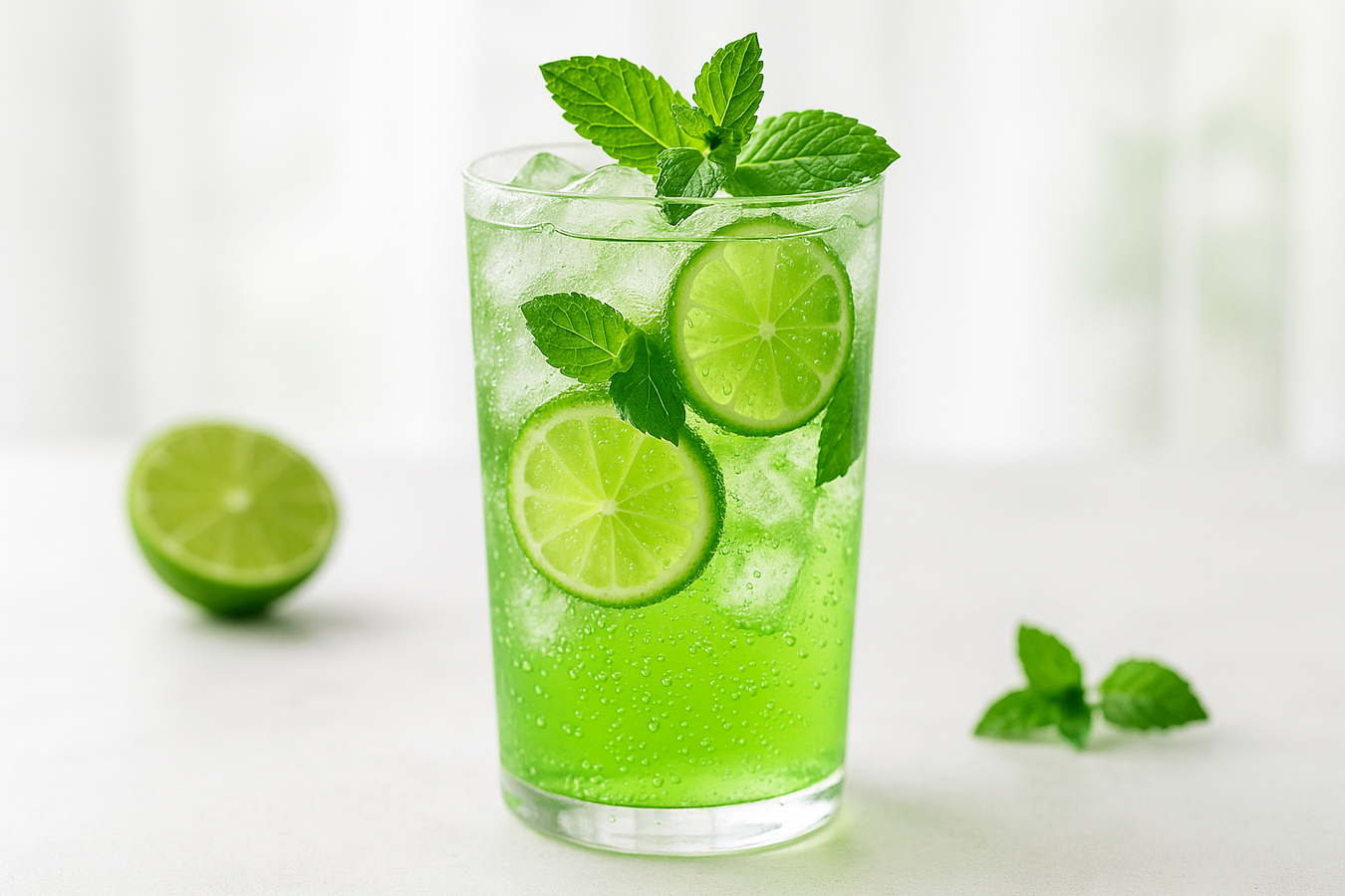 Spritzige Protein-Limonade mit Limette und Minze im Glas