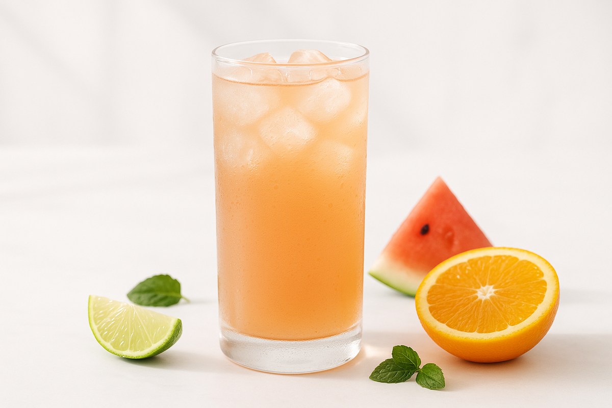 Klarer, fruchtiger Clear-Whey-Protein-Drink mit Eiswürfeln und frischen Früchten, Kaufberatung bestes Clear Whey