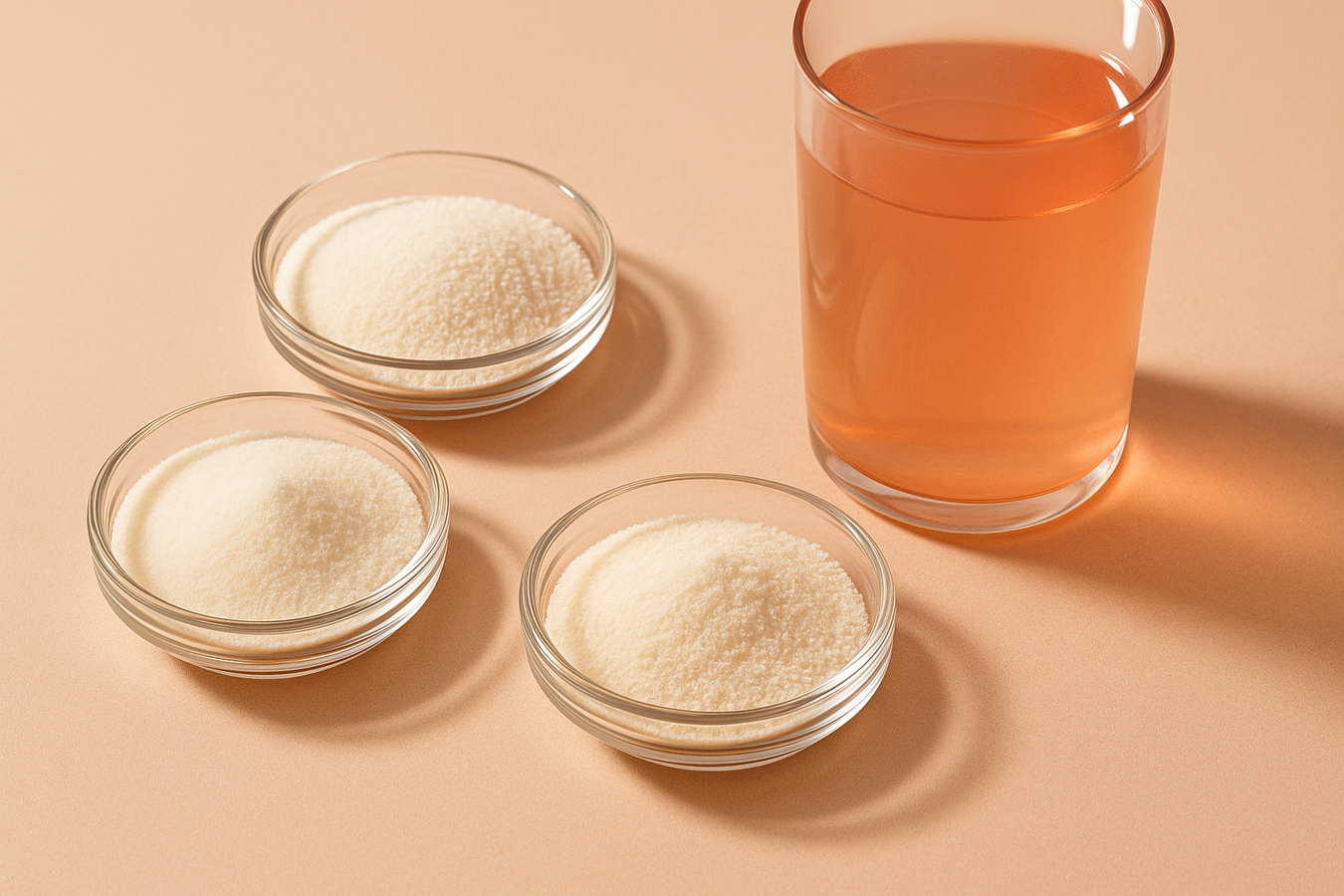 Mehrere Schälchen Kollagenpulver neben einem klaren Fruchtdrink