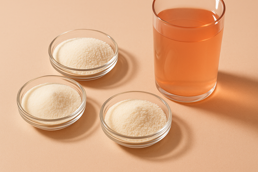 Mehrere Schälchen Kollagenpulver neben einem klaren Fruchtdrink
