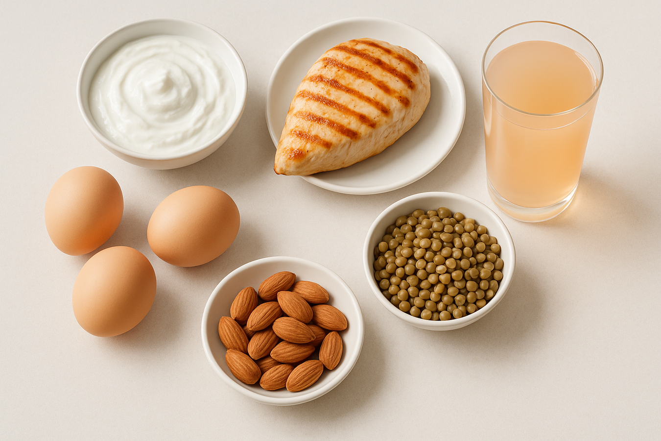 Proteinreiche Lebensmittel und ein Glas Clear Whey Protein