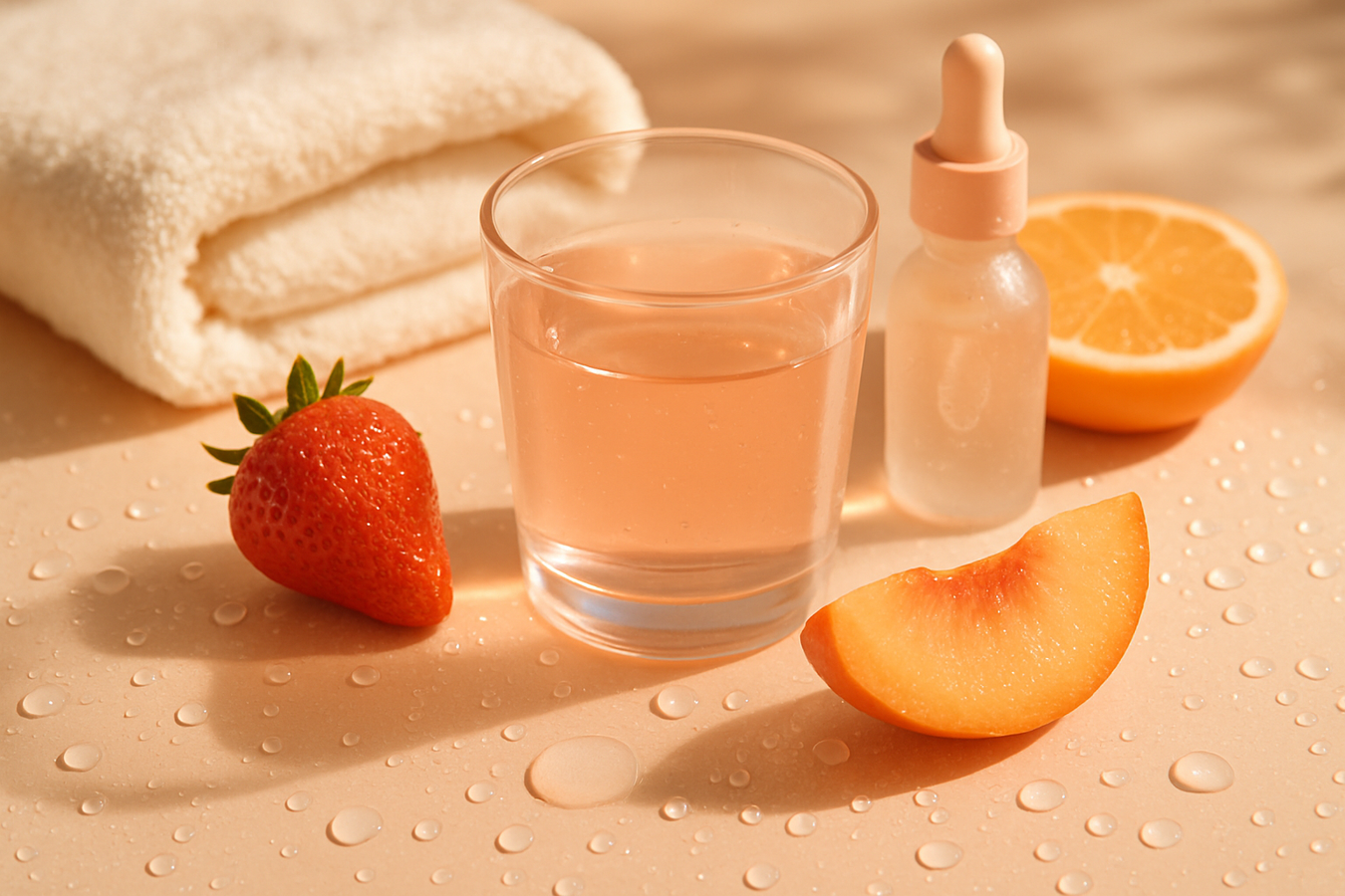 Beauty-Flatlay mit klarem Kollagendrink, Wassertropfen, Handtuch und frischem Obst