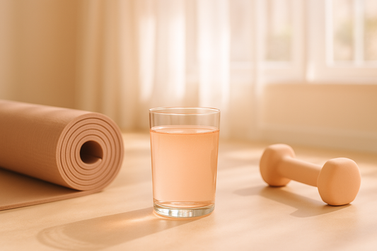 Klarer Kollagendrink neben Yogamatte und Hantel in hellem Raum
