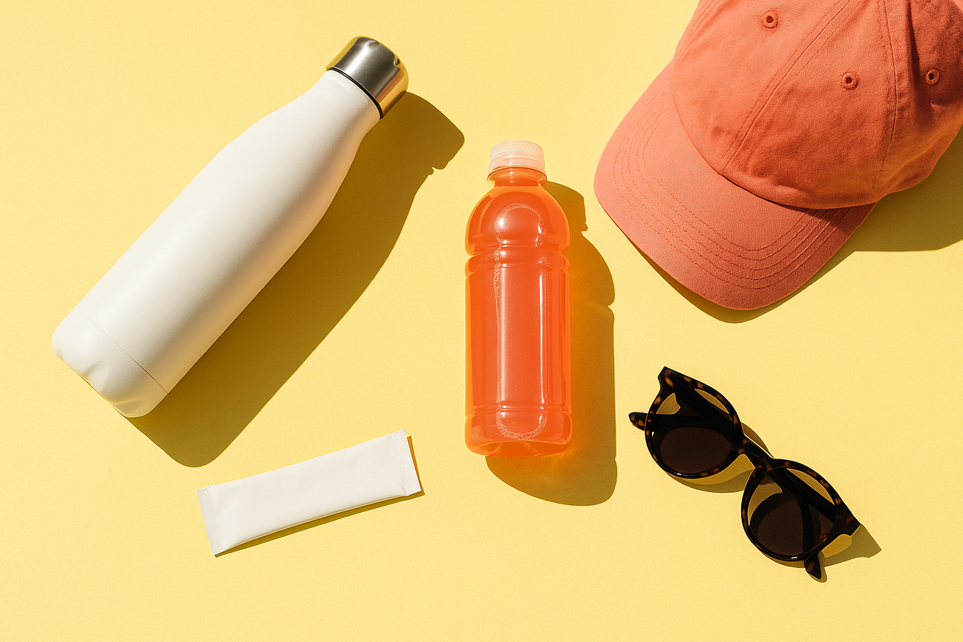 Sommer-Reise-Flatlay mit Wasserflasche, klarem Protein-Drink, Sonnenbrille und Portionsbeutel