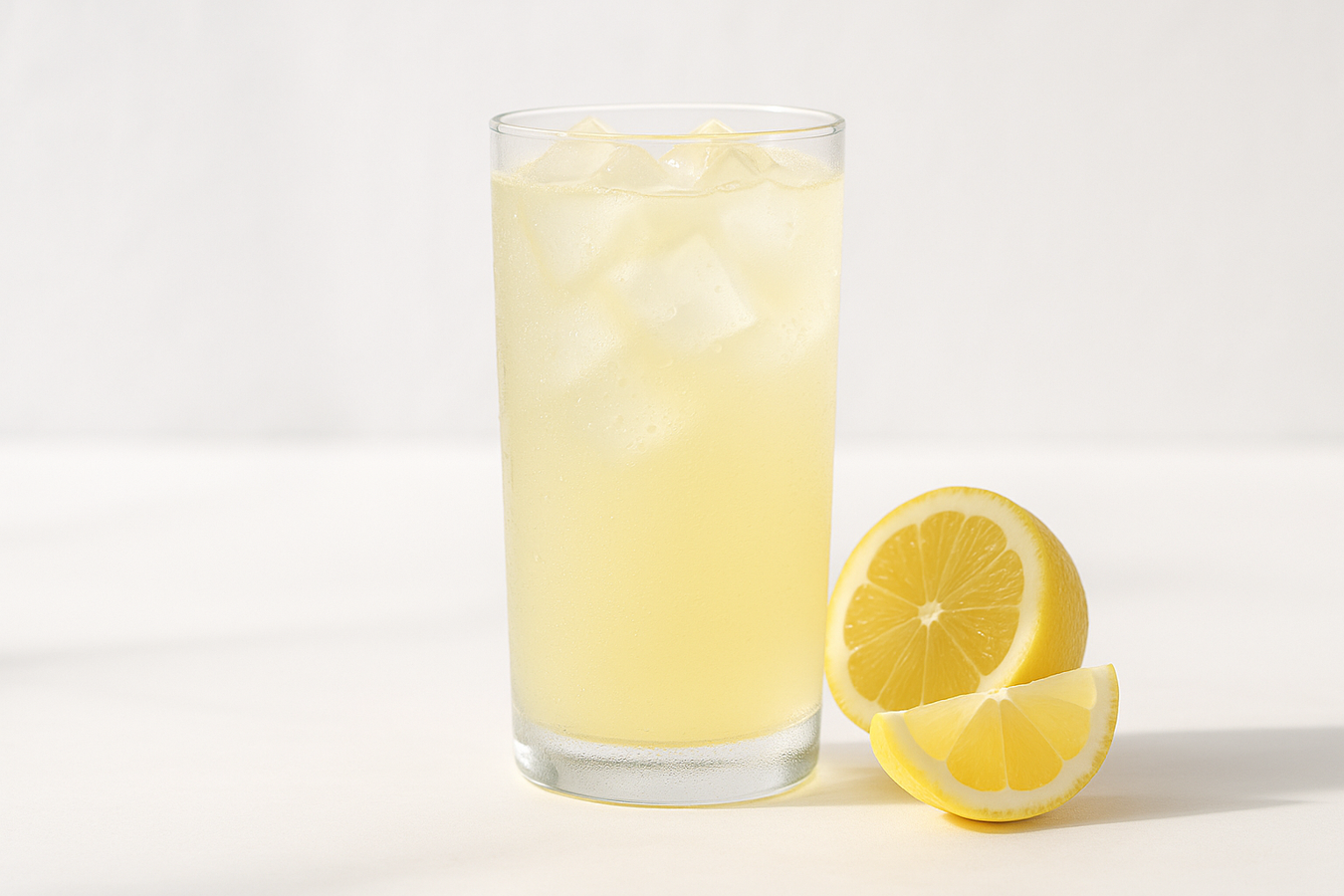 Klarer gelber Zitronen-Clear-Whey-Protein-Drink mit Eis und Zitronenscheiben, Müller Sports Factory Test