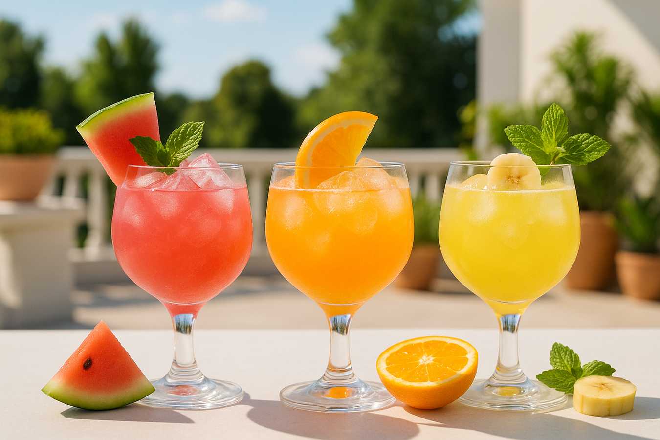 Bunte fruchtige Protein-Mocktails mit Clear Whey in Cocktailgläsern mit Eis und Früchten