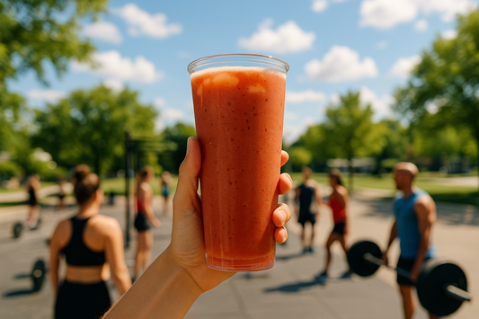 Hand hält klaren fruchtigen Protein-Drink mit Eis vor sommerlichem Outdoor-Hintergrund