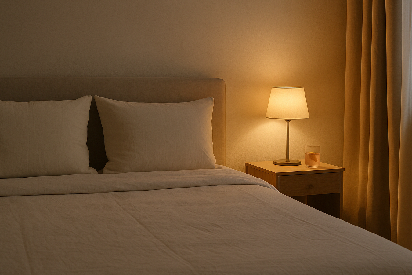 Ruhiges Schlafzimmer in der Dämmerung mit Glas klarem Drink auf dem Nachttisch