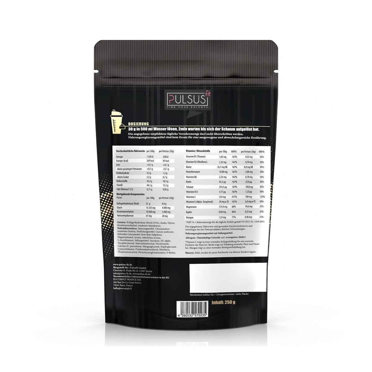 PULSUS FIT Kollagen Protein Men Edition Cherry Rückseite mit Nährwerten