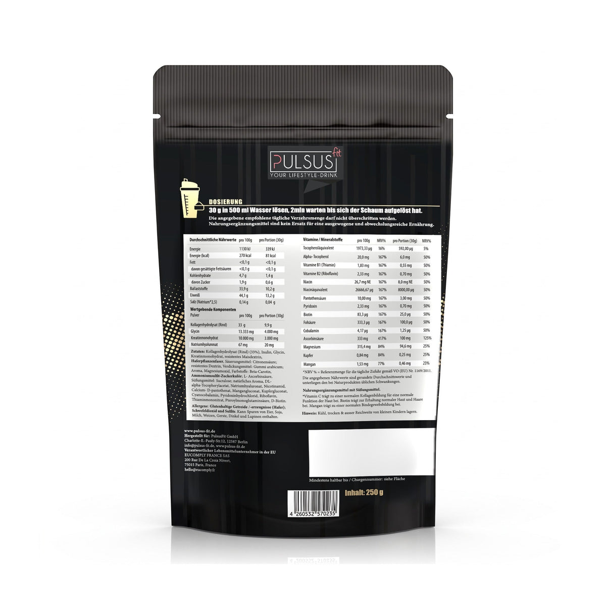 PULSUS FIT Kollagen Protein Men Edition Ice Tea Mango Maracuja Rückseite mit Nährwerten