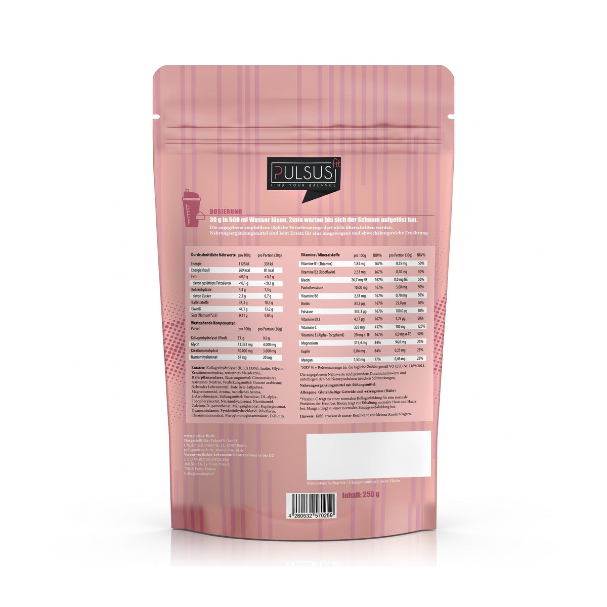 PULSUS FIT Kollagen Protein Women Edition Cherry Rückseite mit Nährwerten