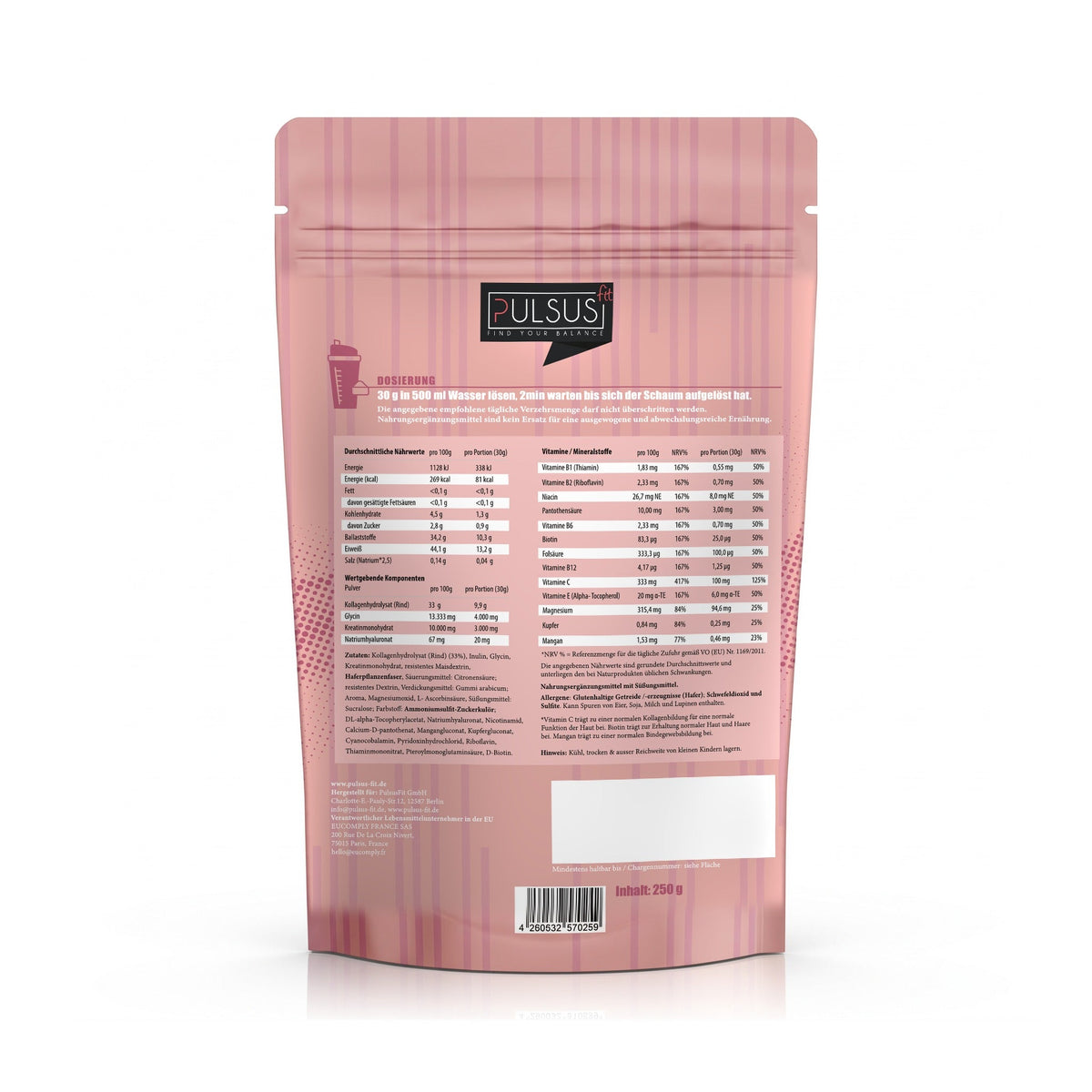 PULSUS FIT Kollagen Protein Women Edition Ice Tea Peach Rückseite mit Nährwerten