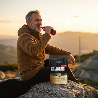 Mann beim Wandern mit PULSUS FIT Kollagen Protein Men Edition