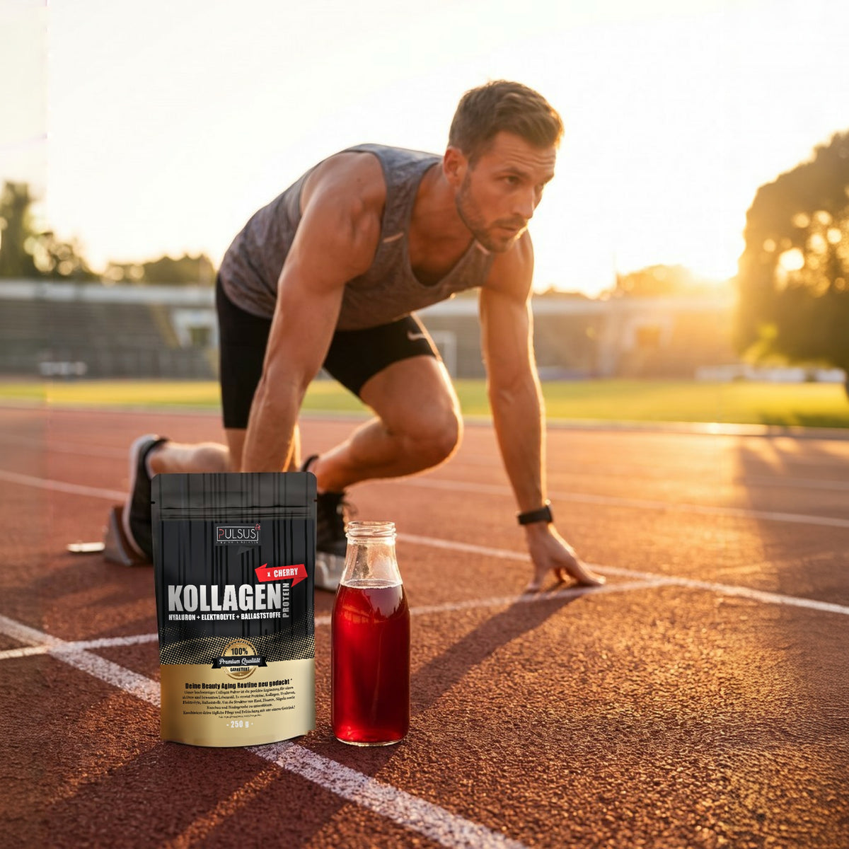 Sprinter auf der Bahn mit PULSUS FIT Kollagen Protein Men Edition
