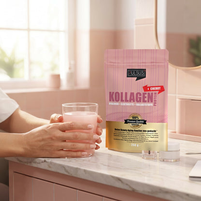 Haende mit Glas und PULSUS FIT Kollagen Protein Women Edition