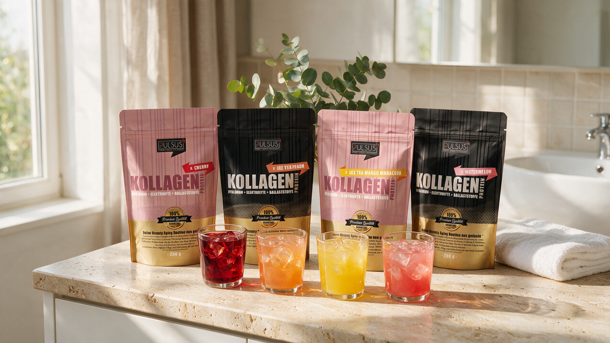 PULSUS FIT Kollagen Drink in vier Sorten: Cherry, Ice Tea Peach, Ice Tea Mango Maracuja, Watermelon
